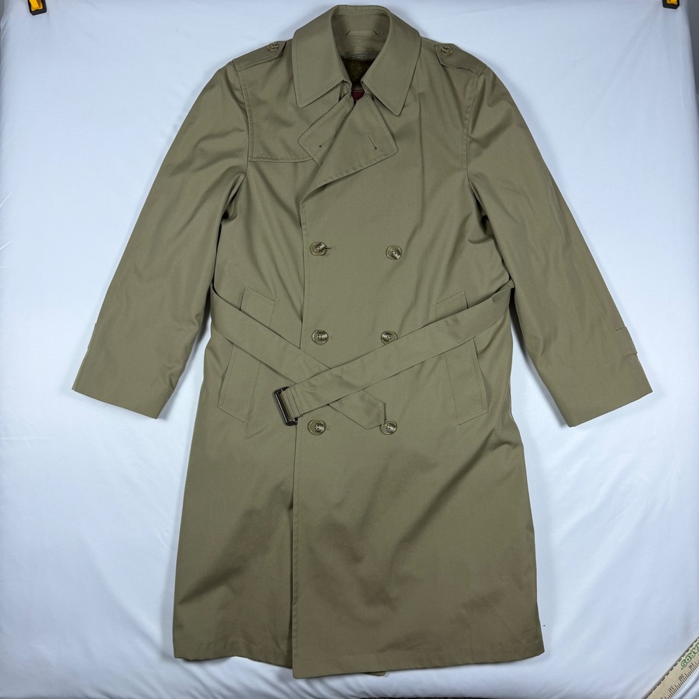 Gleneagles Trench Coat Mens 36R Double Breasted Belted Faux Fur Lined Vintage
